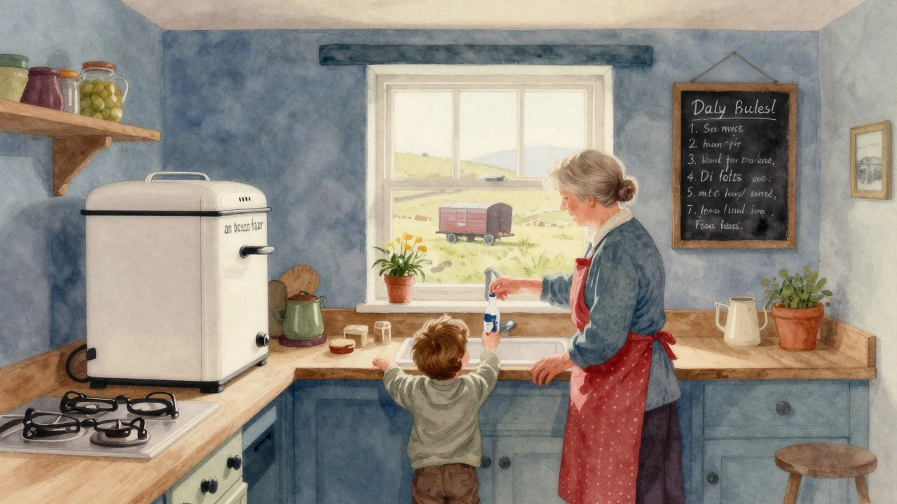 Grandmother pointing to an appliance labeled 'an bosca fuar' in a Donegal kitchen.