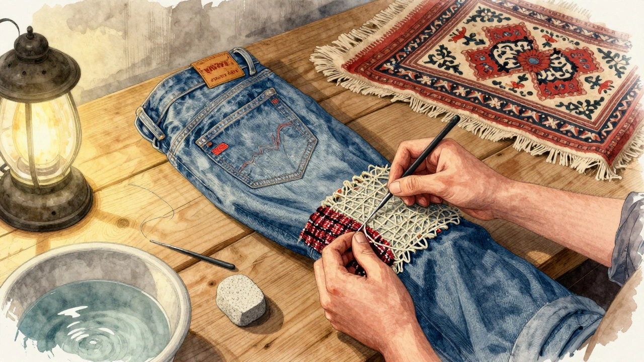 Hand-repairing faded jeans with tweed patches and fishing net thread in a cozy Irish workshop.
