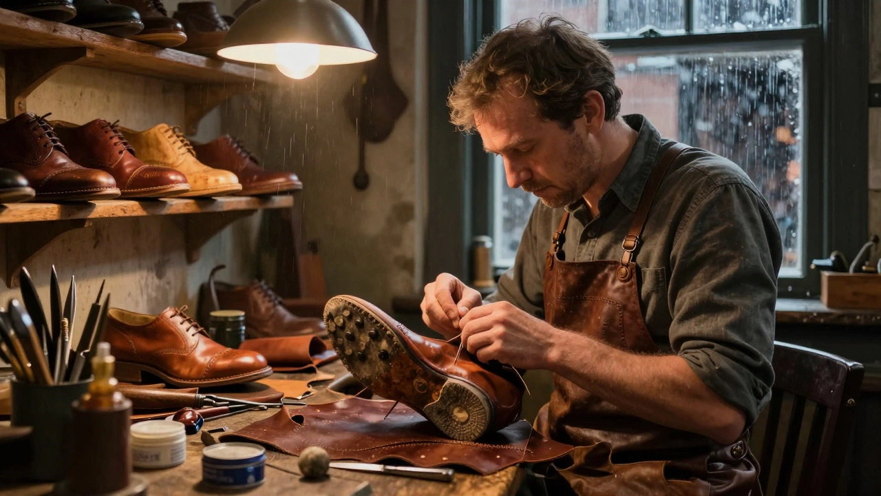 Irish cobbler repairing a brogue with traditional tools in a cozy workshop.