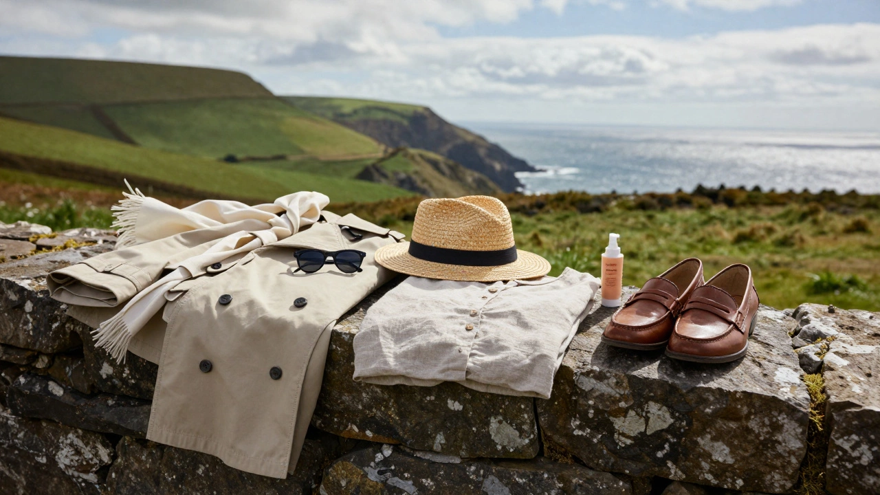 Irish summer outfit laid on stone wall: trench, hat, sunglasses, loafers, and SPF moisturizer with ocean and hills behind.