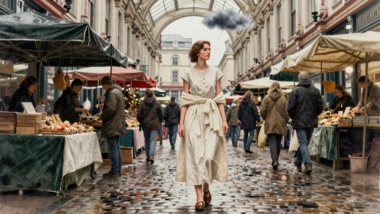 Irish woman at Dublin market in a structured sundress with shawl, standing on damp cobblestones.