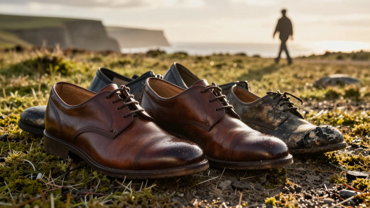 New leather shoes beside discarded ones, symbolizing replacement and sustainability in Ireland.