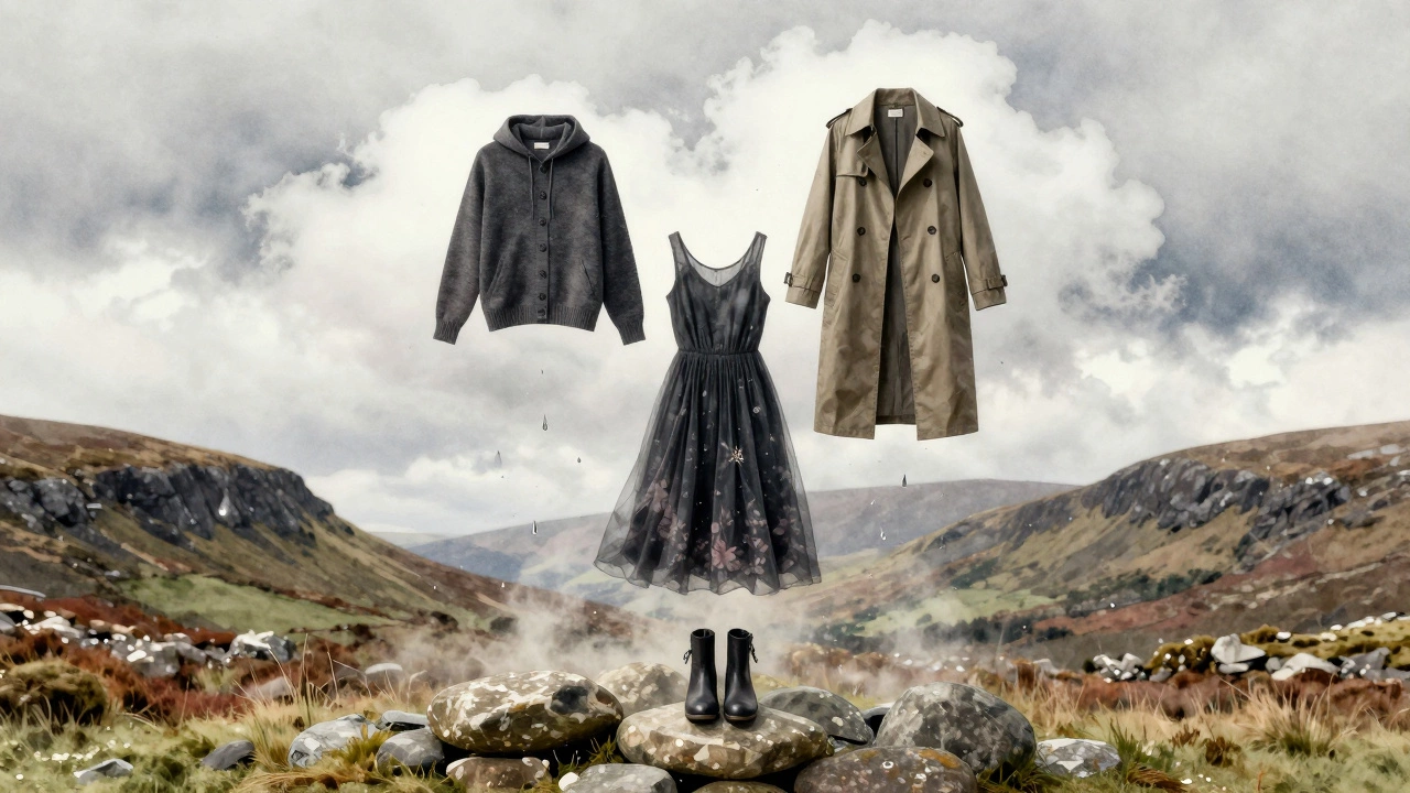 Three layered Irish summer outfits floating in misty sky with raindrops, symbolizing weather-ready fashion.