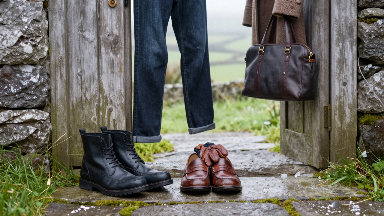 Three pairs of Irish-made shoes on a mossy path with jeans and a coat hanging in the background, symbolizing timeless style.