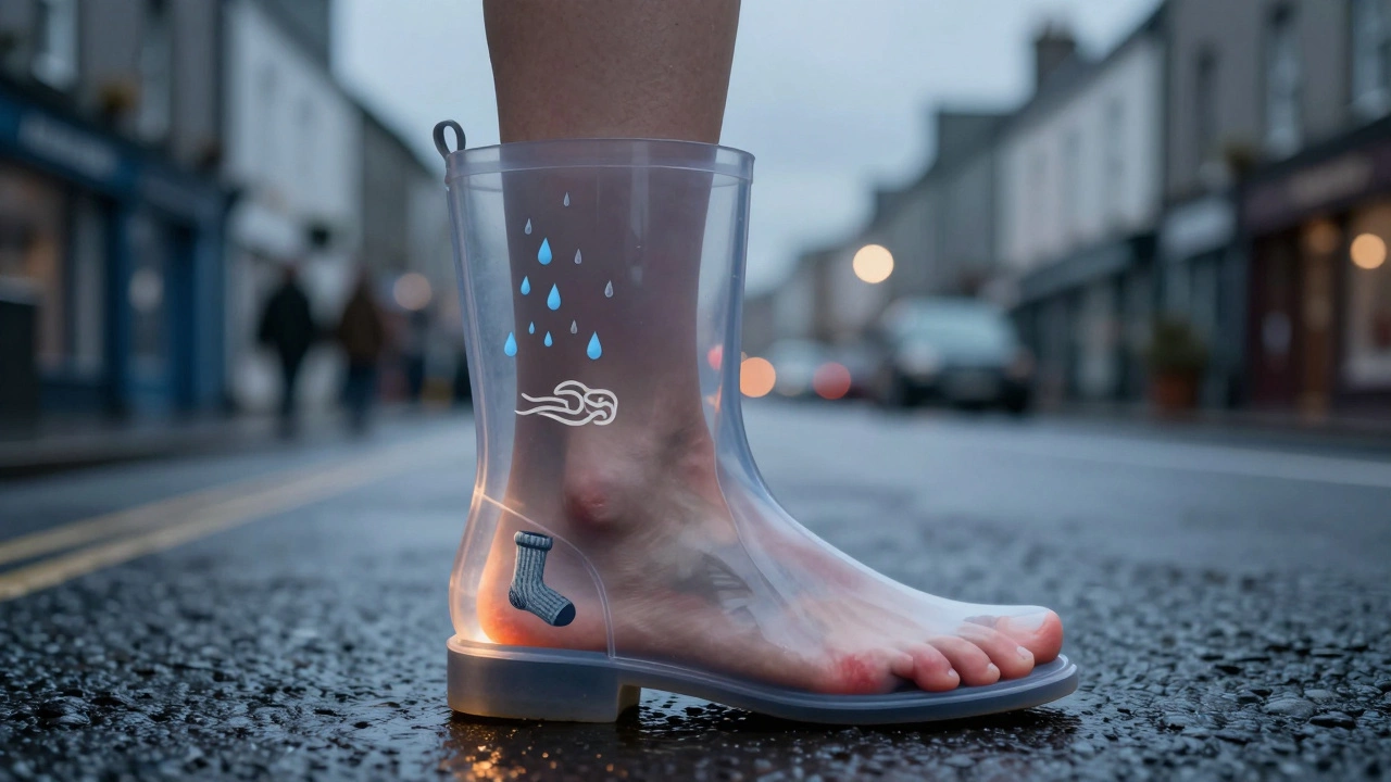 Transparent boot with foot inside, thumb-width space at heel, surrounded by weather and sock icons.