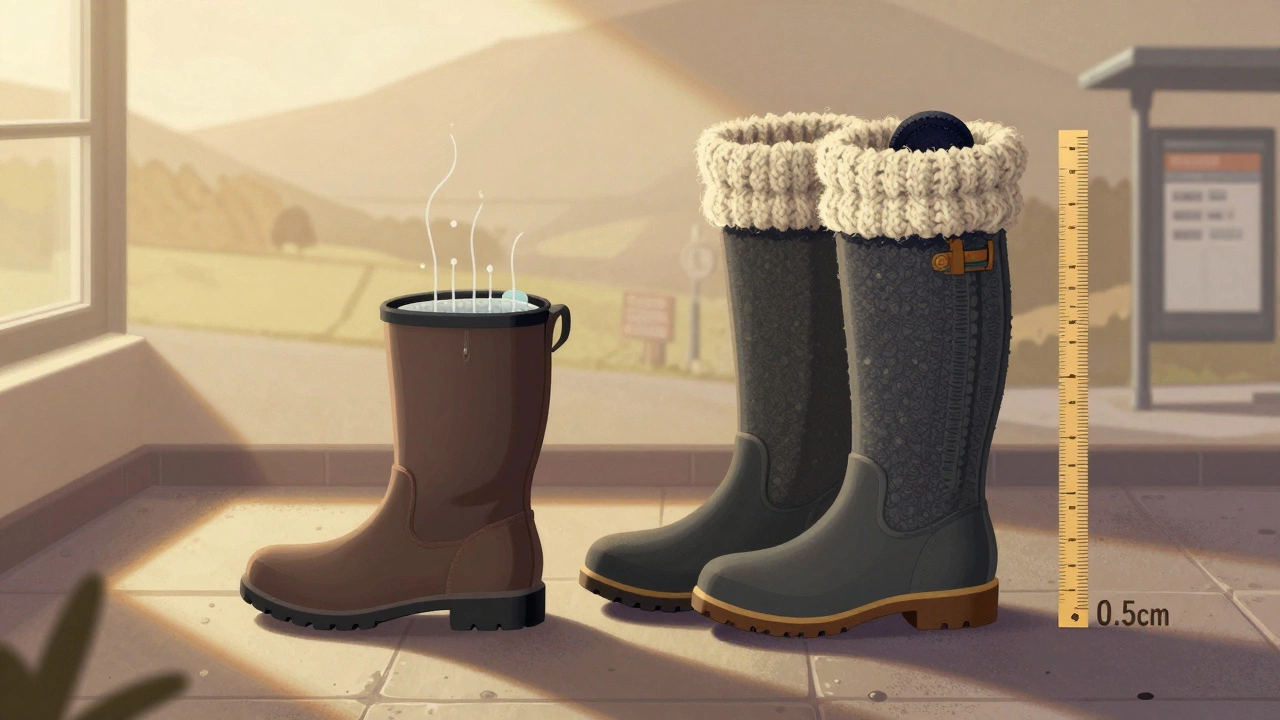 Two Irish boots side by side, one with thin socks, the other with thick wool socks, showing half-size difference.