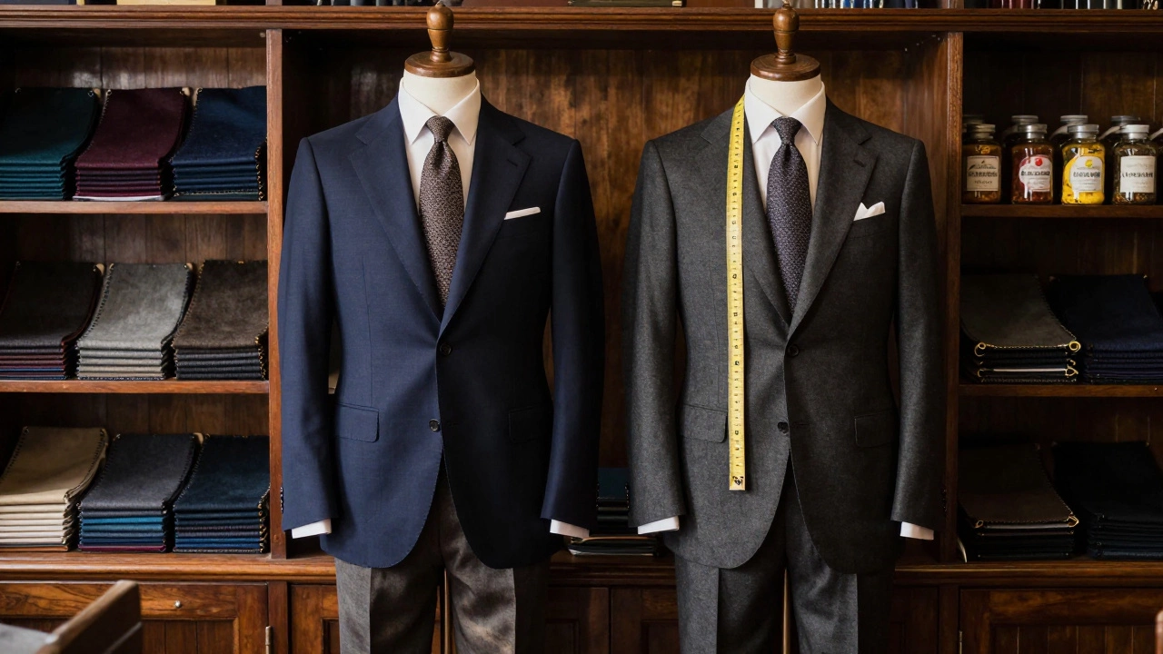 Two suits side by side in a tailor’s shop: one aged, one new, surrounded by wool swatches and measuring tools.