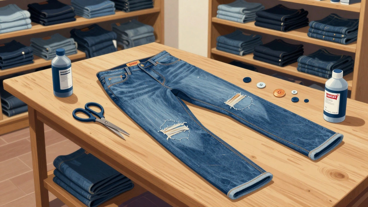 Vintage jeans being repaired on wooden bench with thread and dye