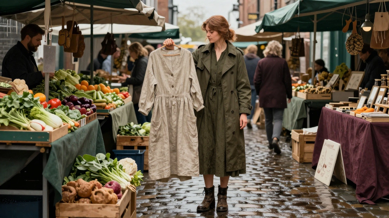 Woman in a dark olive midi dress and trench coat shopping at an Irish market with handmade linen dresses nearby.
