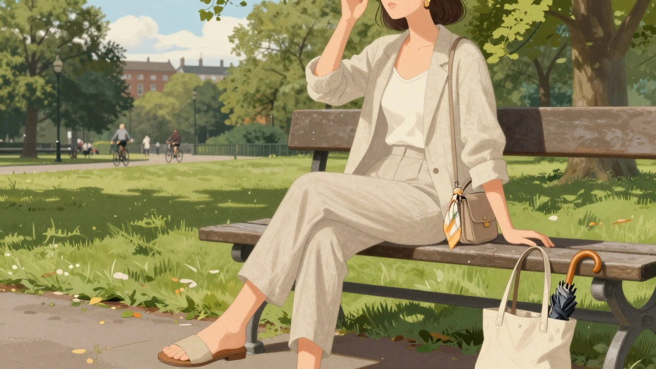 Woman relaxing in Phoenix Park wearing breathable cotton and TENCEL™, silk scarf on bag, foldable umbrella nearby.