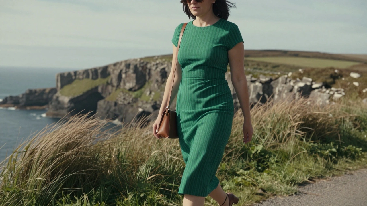 Woman walking coastal cliffs in vertical-striped green dress with sunglasses and block heels.
