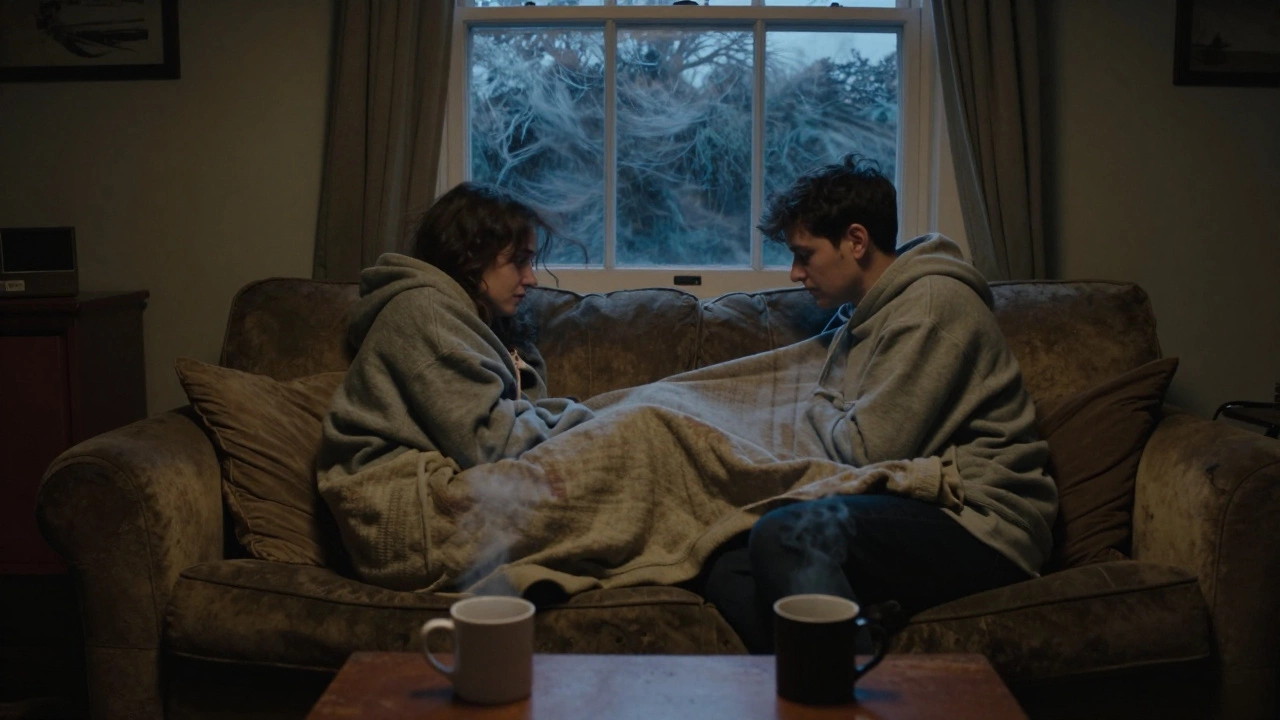 A couple sharing a faded hoodie on a sofa in a cold Irish home, steam rising from mugs.