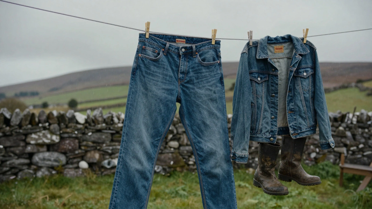 A pair of worn Levi’s 501 jeans hanging on a clothesline in rural Ireland, beside a denim jacket and muddy boots.