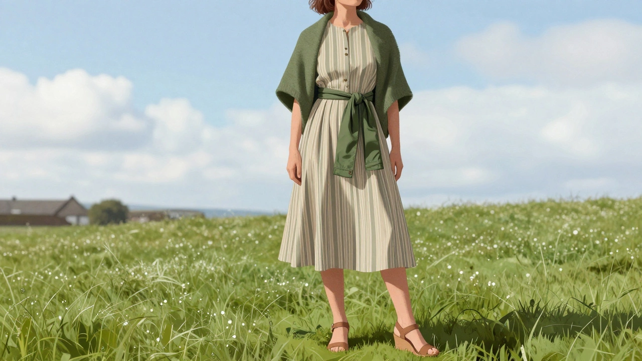 A woman at a race event in Ireland wearing a muted-toned dress with a wool shawl and leather sandals, standing on damp grass under cloudy skies.