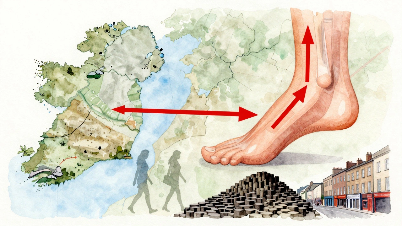 Abstract foot anatomy map over Ireland showing pressure relief in H-width boots, with women walking key Irish locations.