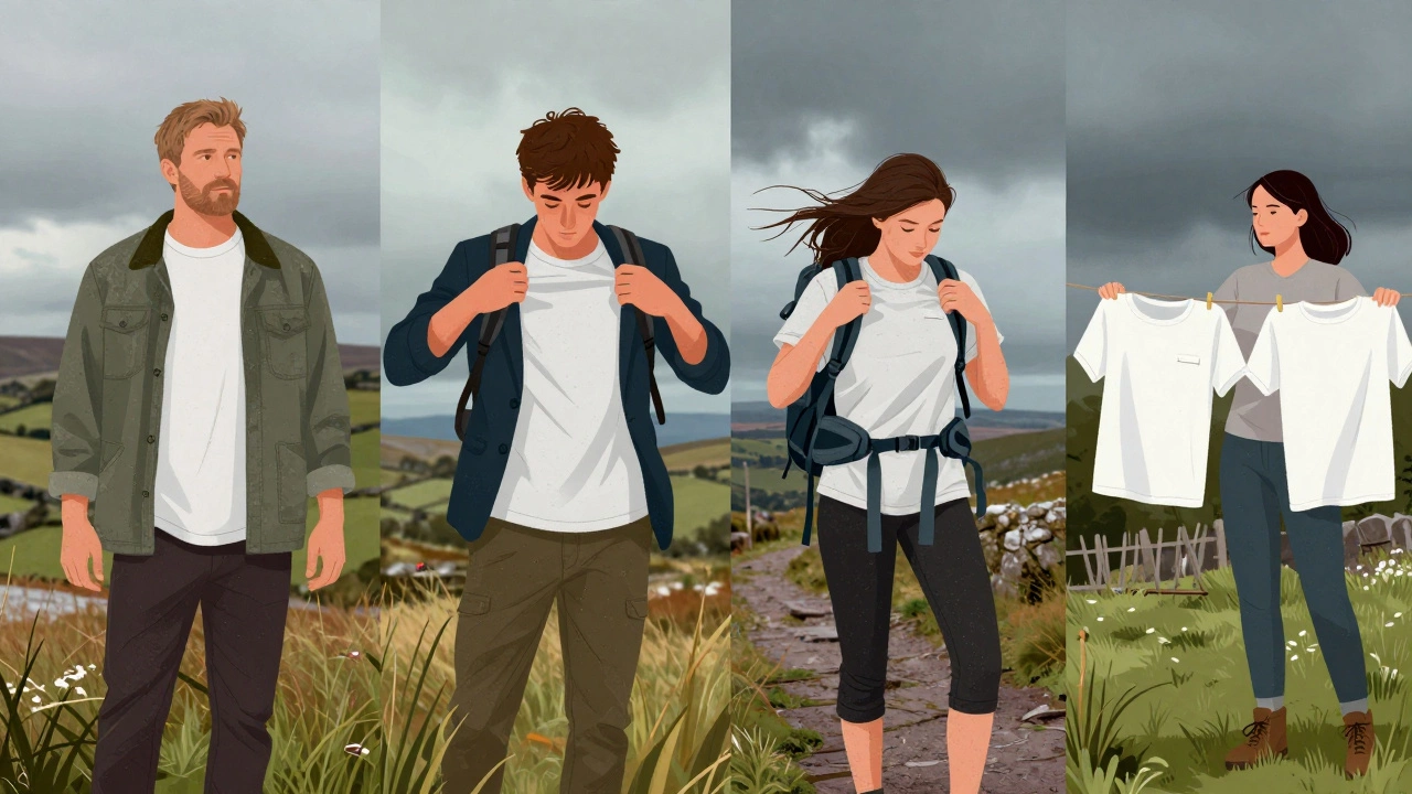 Four Irish lifestyle scenes showing different people wearing M and L t-shirts in weather-appropriate settings.