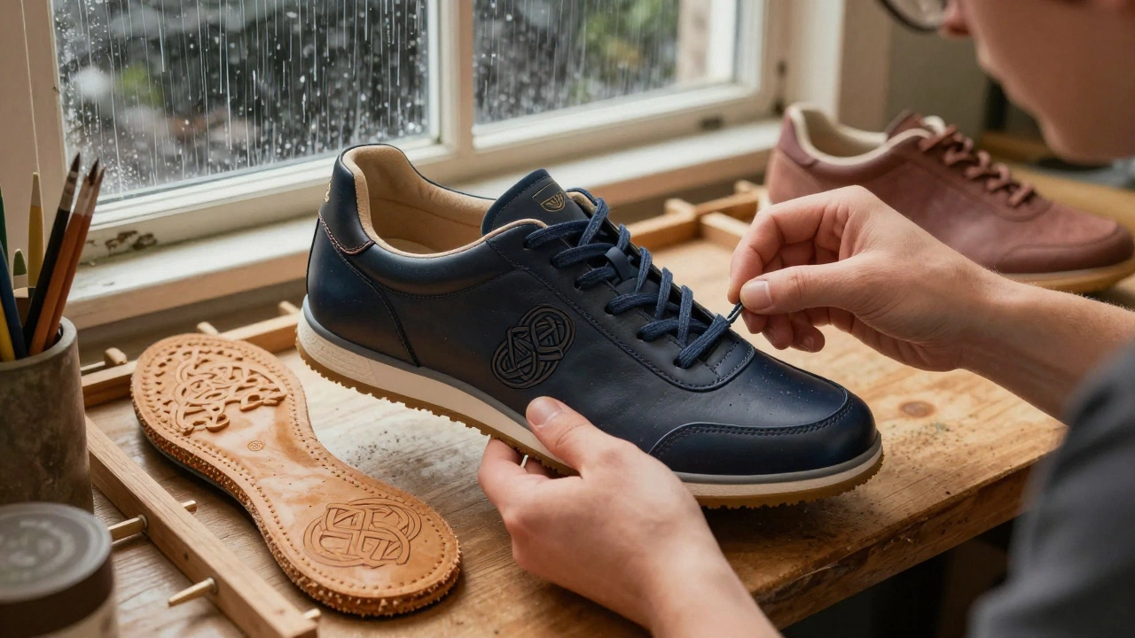 Handmade Irish trainer with Celtic details being crafted in a workshop