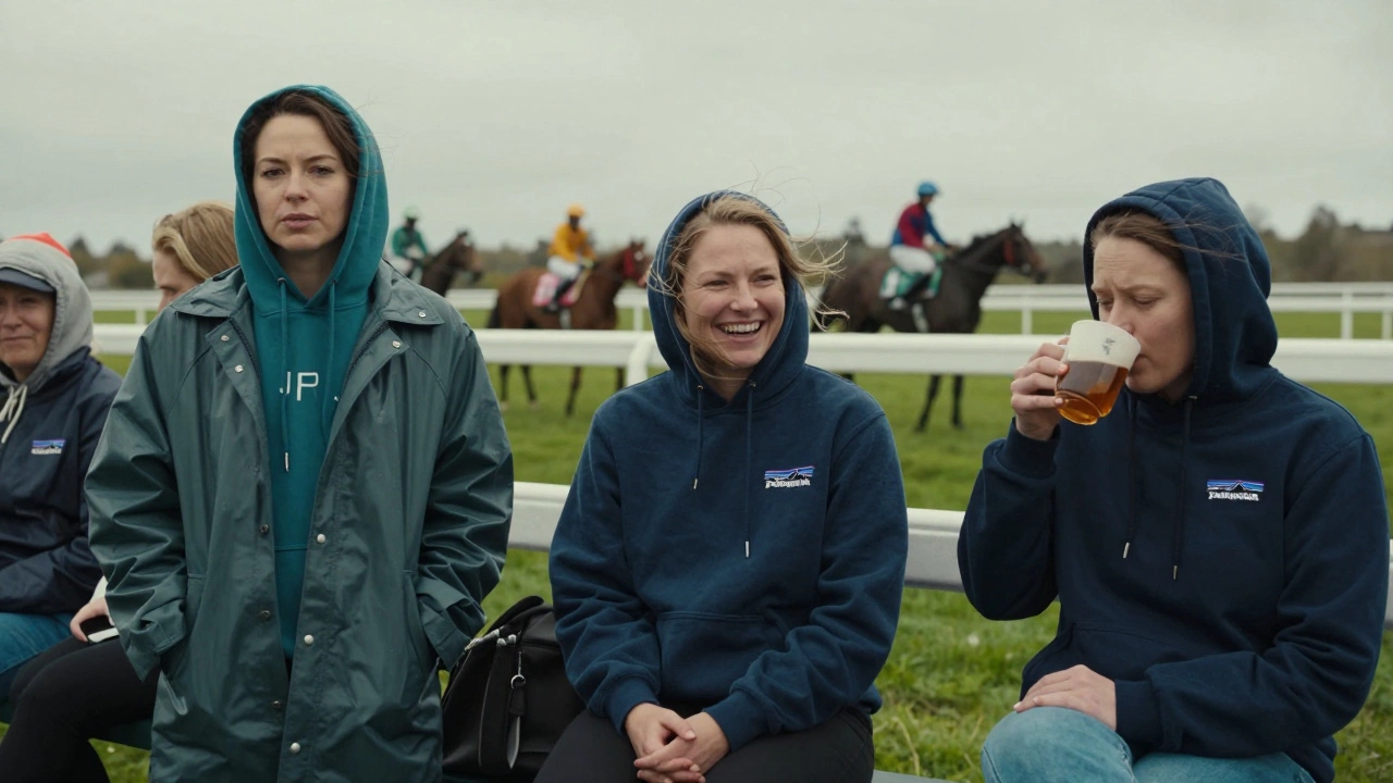 Irish women in hoodies at the Galway Races, embracing comfort amid wind and rain.