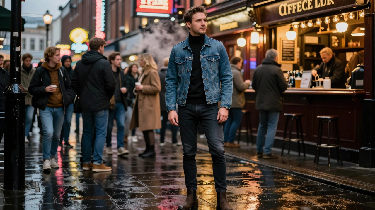 Man in Belfast wearing dark skinny jeans and Chelsea boots at a nighttime concert in Temple Bar.