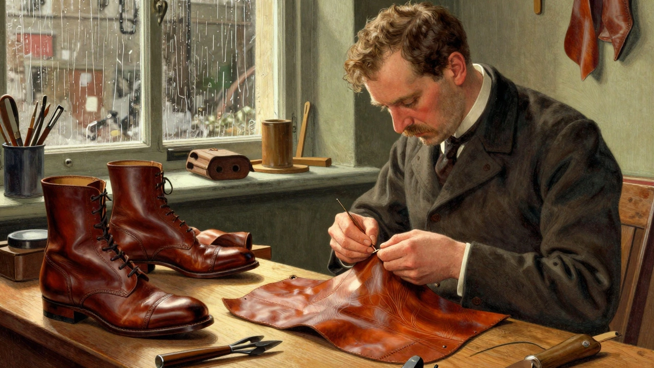 Master cobbler crafting boots with full-grain leather in a Dublin workshop.