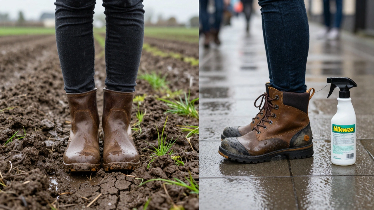 Split image: Born boot in muddy farmland vs. Boc boot on city sidewalk with waterproofing spray.
