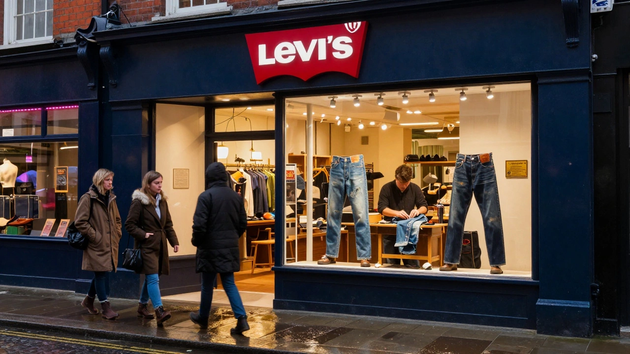 The Levi’s store on Grafton Street in Dublin at dusk, with a repair station visible in the window and people passing by in the rain.