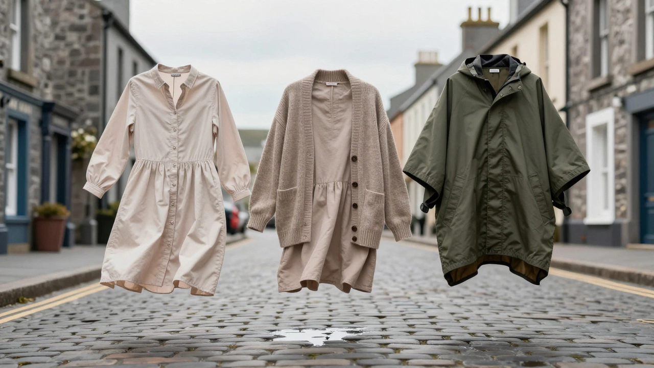 Three essential Irish summer garments—dress, cardigan, and poncho—floating above a wet cobblestone street, symbolizing layered practicality.