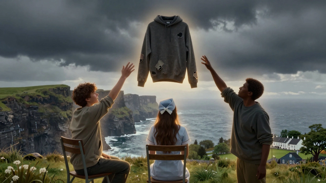 Three hands reaching for the same worn hoodie, symbolizing its role across Irish life.