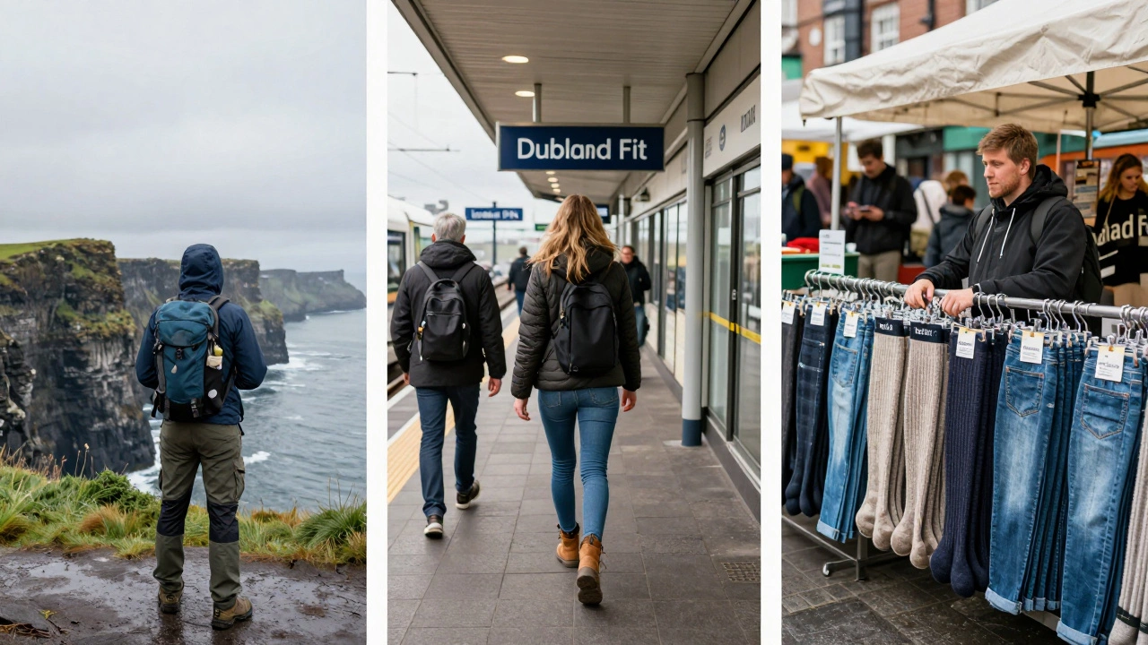 Three Irish scenes showing practical denim use: commuter, hiker, and market vendor under misty skies.