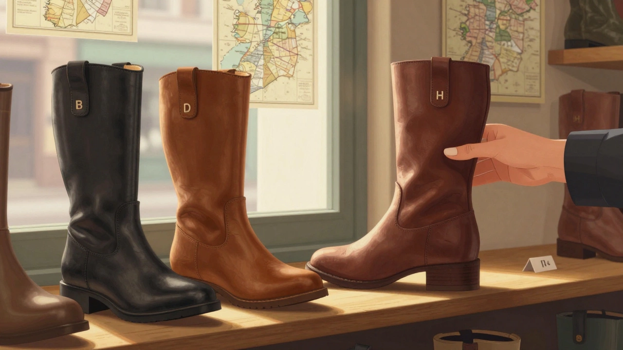 Three women's boots on a shelf labeled B, D, and H, with hand placing foot into H-width boot in warm shop light.