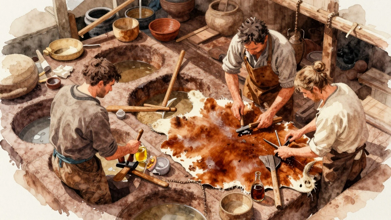 Traditional Donegal tannery process using natural oils and wooden tools.
