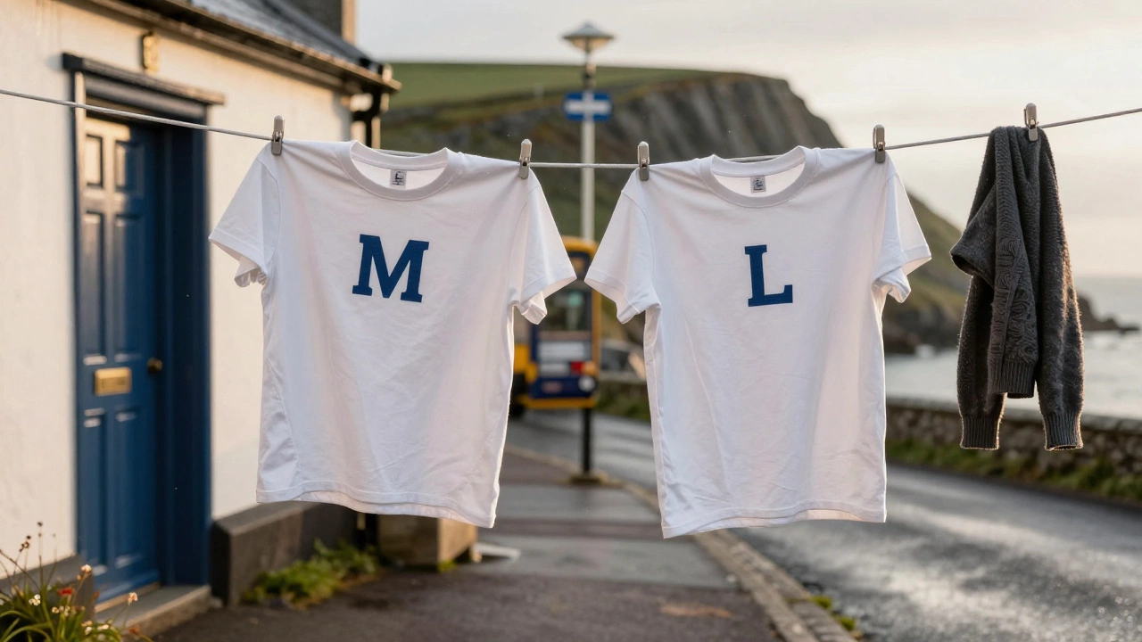 Two t-shirts on a drying line—one shrunken, one relaxed—with Irish landscape blurred in background.
