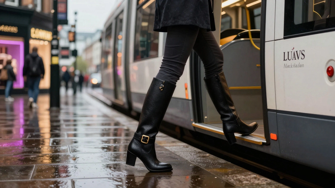 Woman stepping off a tram in Dublin wearing stylish Boc boots on a rainy city street.