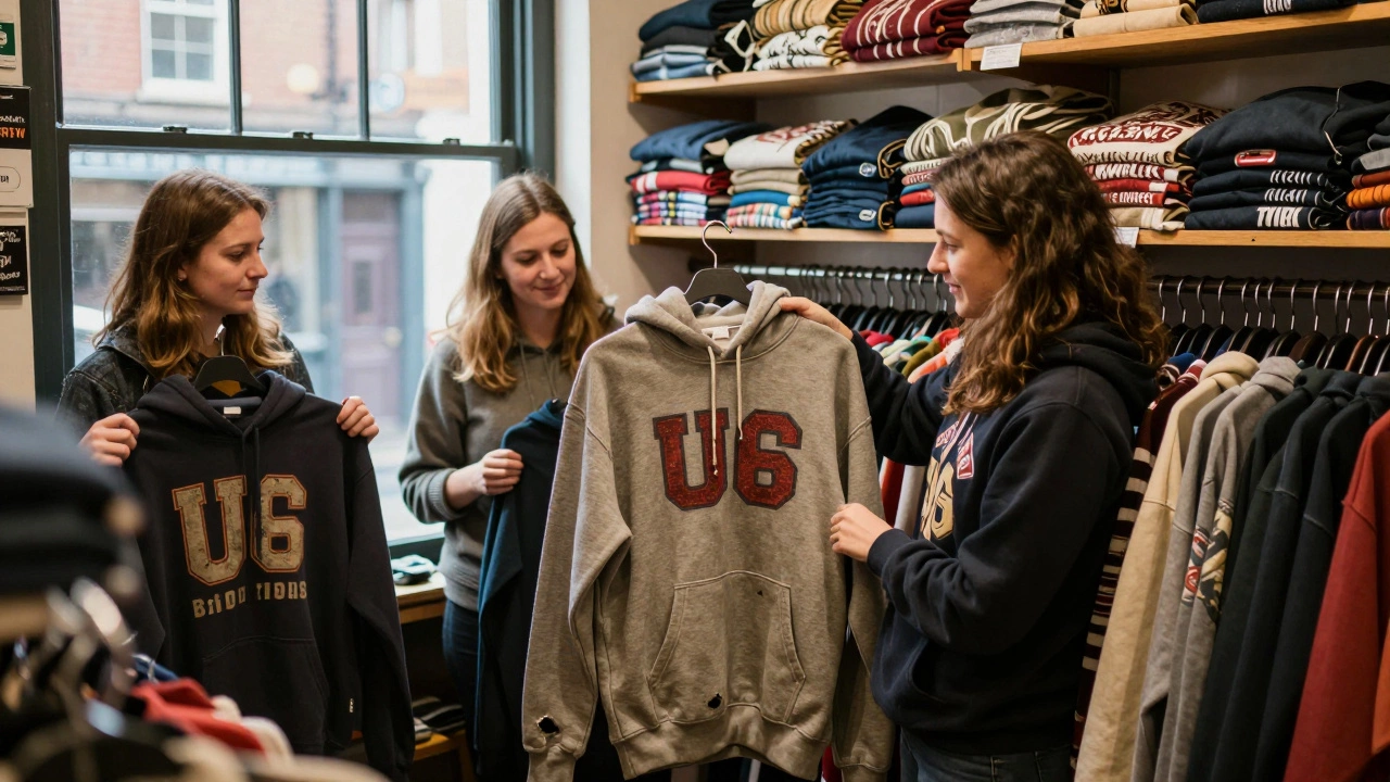 Women in a Dublin charity shop examining second-hand hoodies with faded band logos.