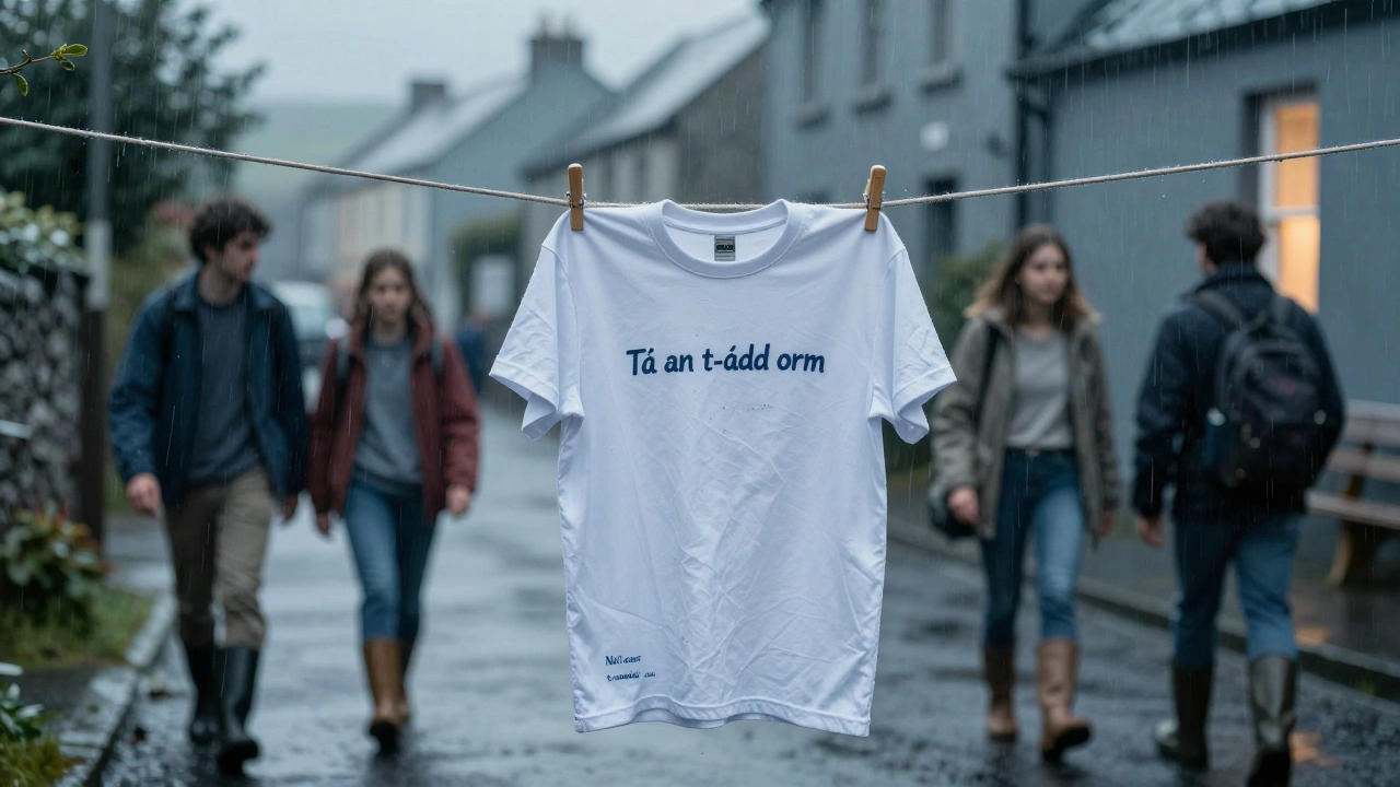 A boyfriend t-shirt hanging on a clothesline in Galway, gently moving in the rain with faint Irish phrases visible on the hem.