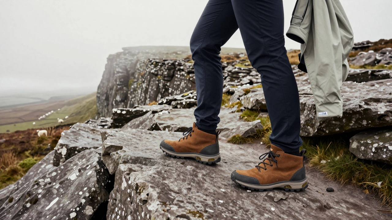 A hiker on the Burren trail wearing sturdy sneakers, navigating rocky terrain with misty cliffs in the background.
