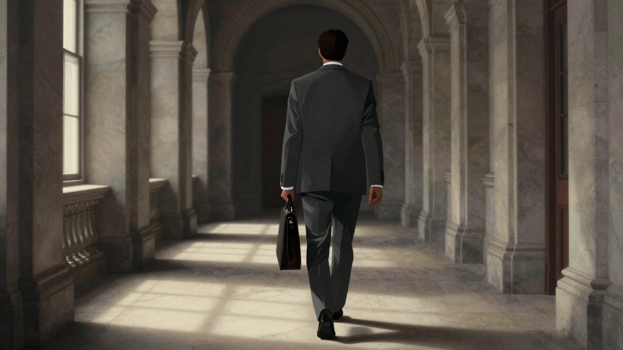 A man in a charcoal suit walks through Leinster House, radiating quiet authority in dim natural light.