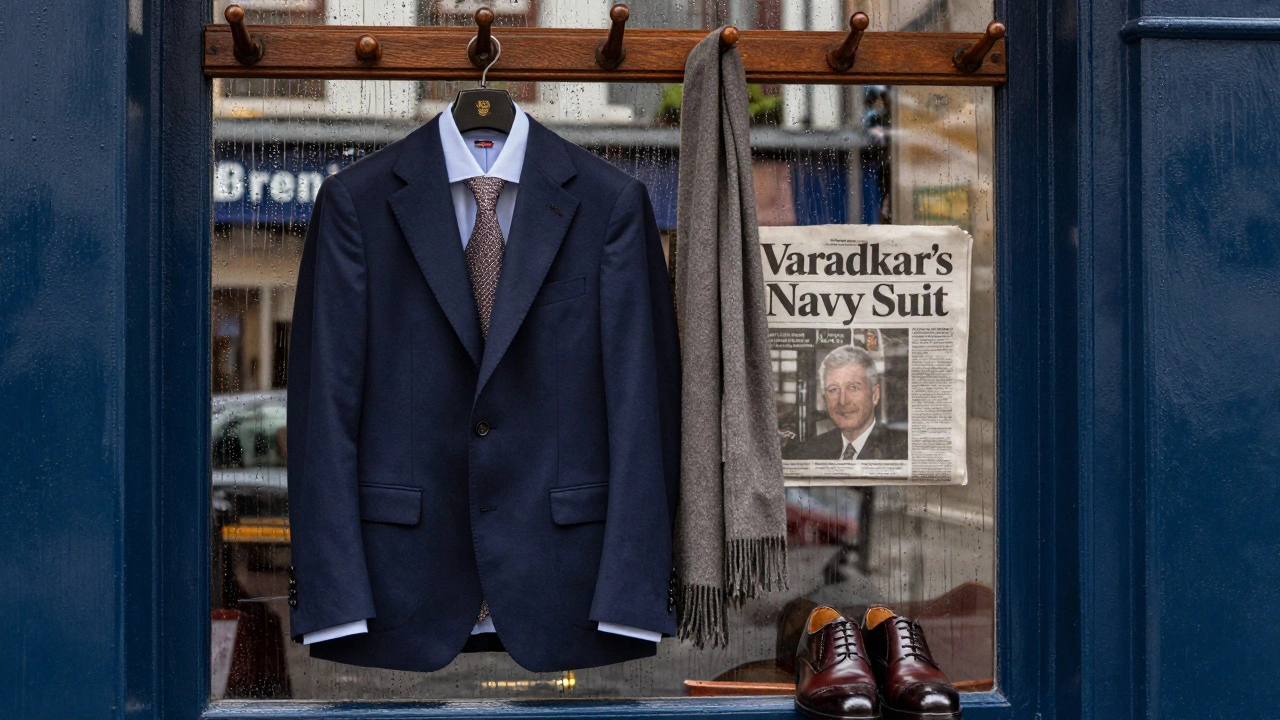 A navy suit hangs in a Dublin tailor shop, symbolizing cultural resilience and understated elegance.