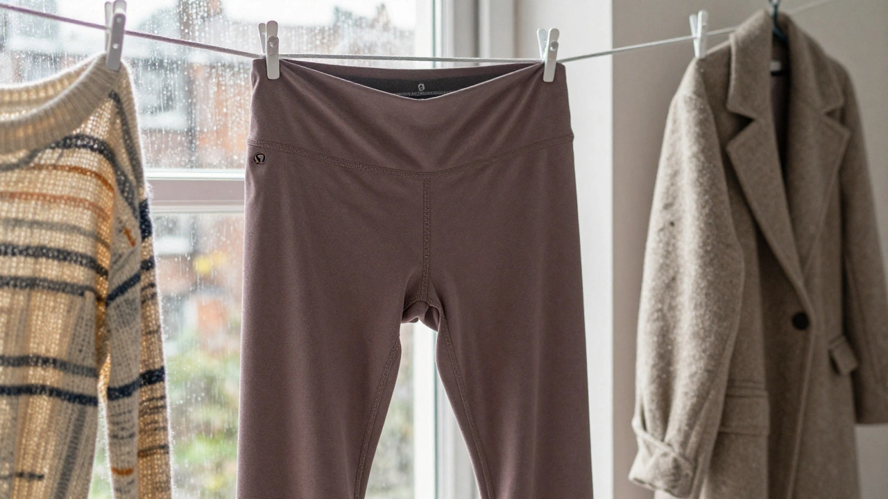 A pair of Lululemon leggings hangs on a clothesline in a Dublin laundry room, rain visible on the window, next to a wool coat and Aran sweater.