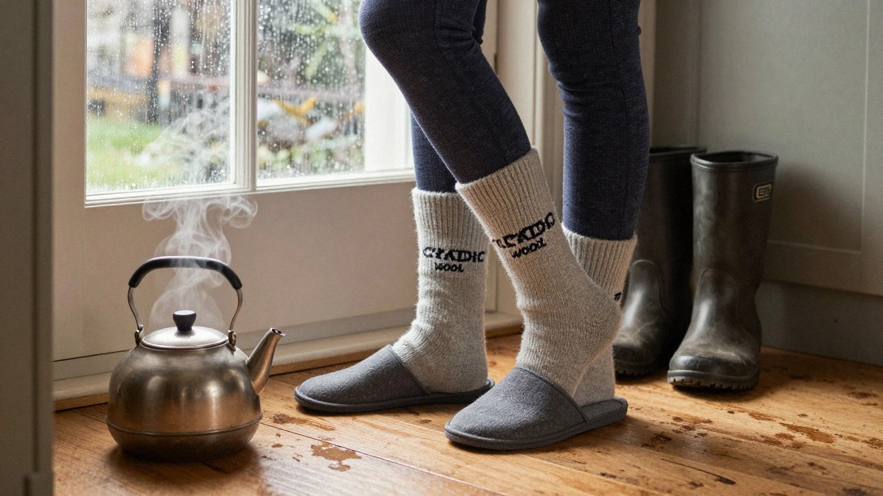 A woman stepping into rubber-soled slippers in a warm Irish kitchen as rain falls outside.