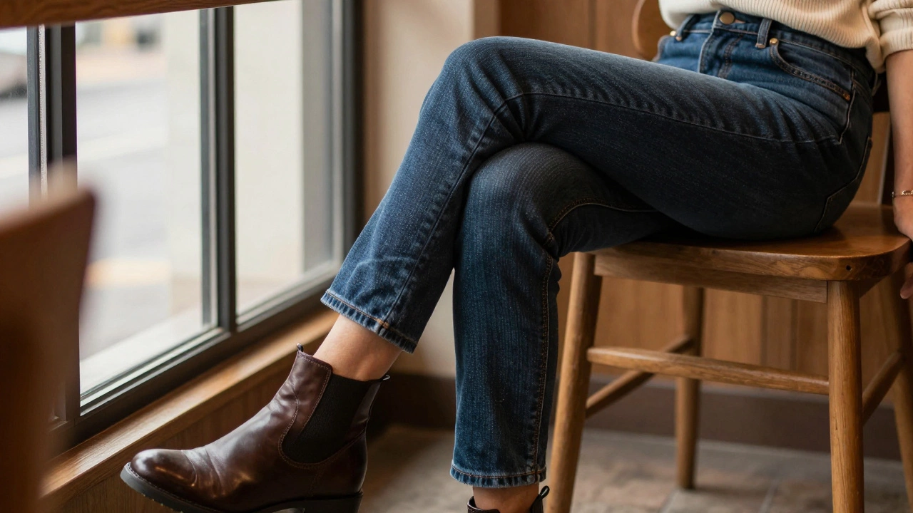 Close up of comfortable mid-rise jeans and boots in a cafe.