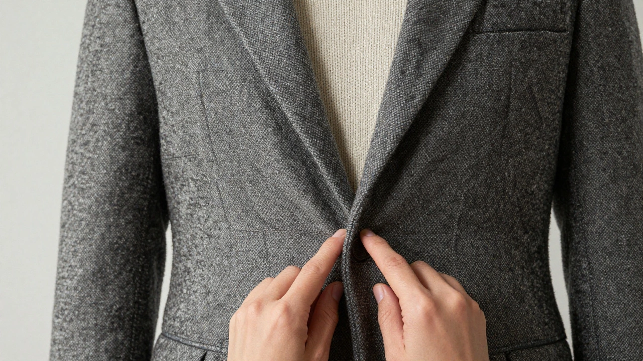 Close up of hand checking coat fit over sweater with two fingers