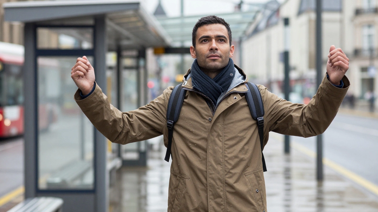 Commuter raising arms to show coat allows free movement outdoors
