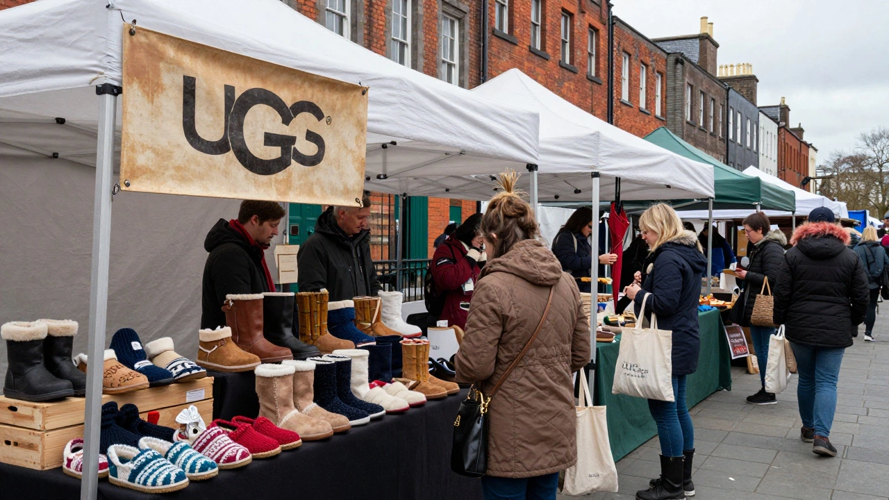 Craft market stalls selling handmade Irish slippers and boots, with a faded UGGs sign in the background.