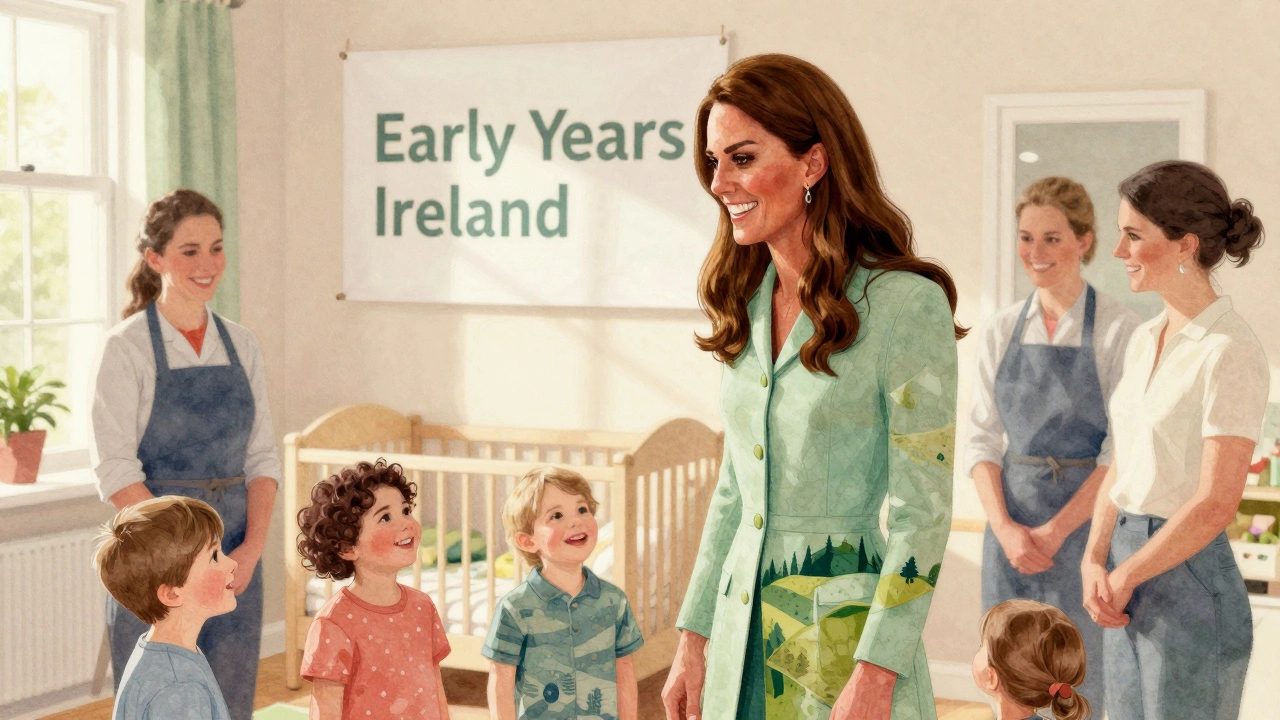 Kate Middleton interacting with children at a Dublin nursery, wearing a green coat that reflects Irish landscapes.