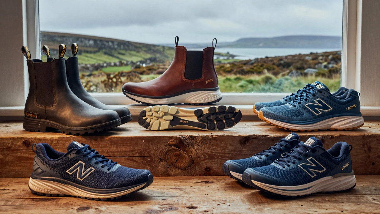 Multiple healthy shoe brands displayed on wooden surface with Irish view