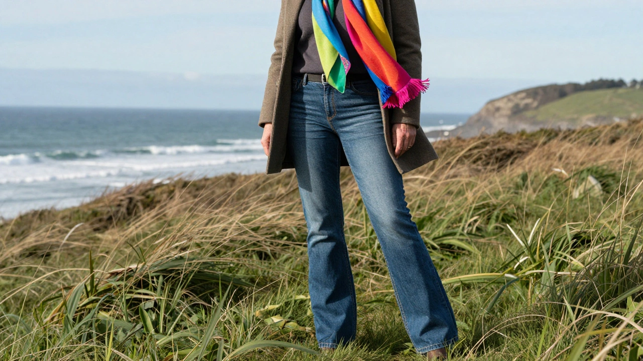 Senior woman standing on grassy hill wearing bootcut jeans and scarf.