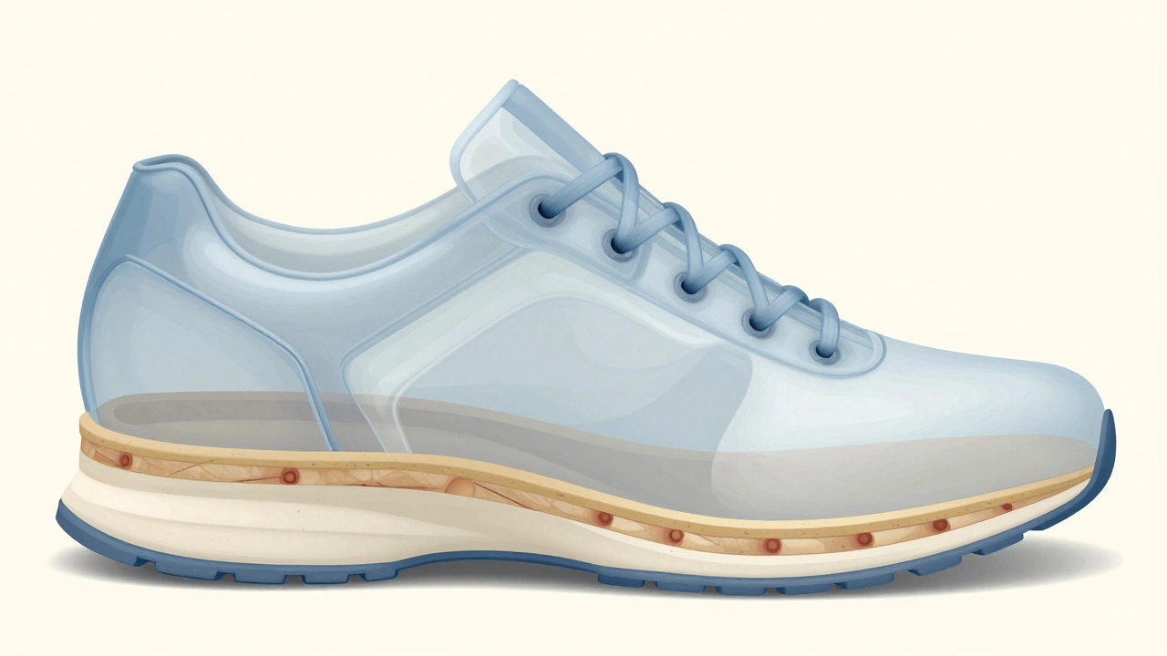 Shoe interior showing arch support and cushioning layers in cross-section