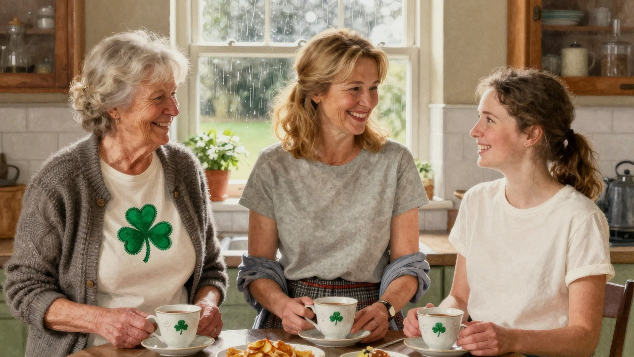 Three Irish women in a kitchen, each wearing a boyfriend t-shirt and layering cardigans, laughing over tea in soft sunlight.