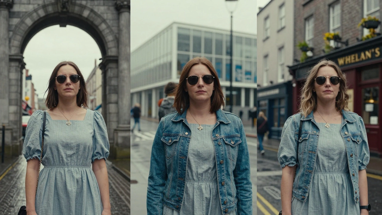 Three Irish women in identical layered outfits across urban locations, each facing different weather, exuding quiet confidence.
